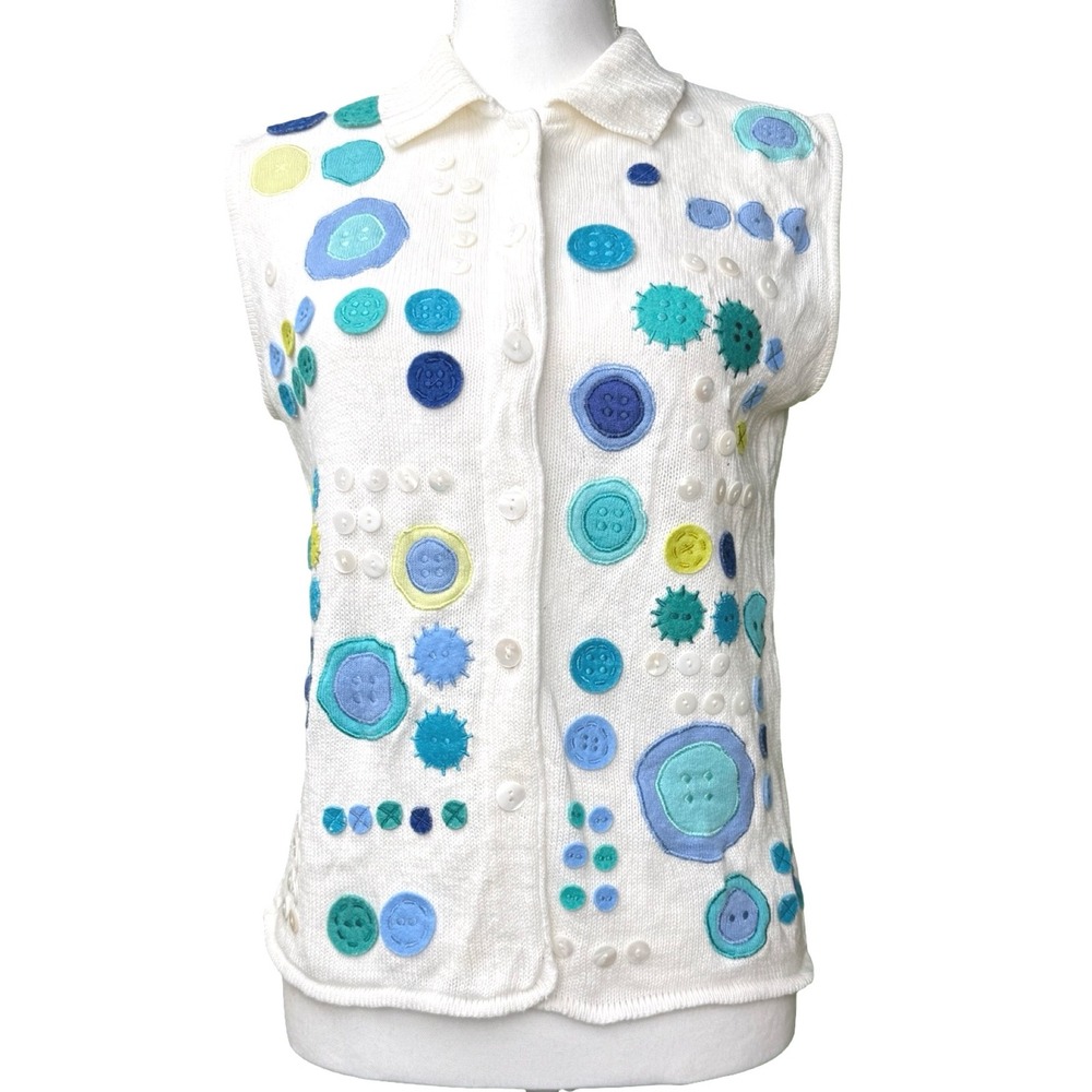 Button Applique Sweater Vest Womens Small‎ Cottagecore Artsy Knit Lucia Small
